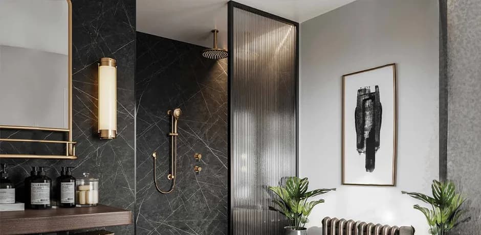 Bathroom wall panels surrounding a contemporary shower space